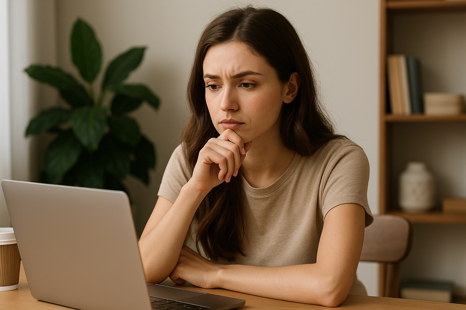 задумчивая девушка за ноутбуком выбирает салон красоты